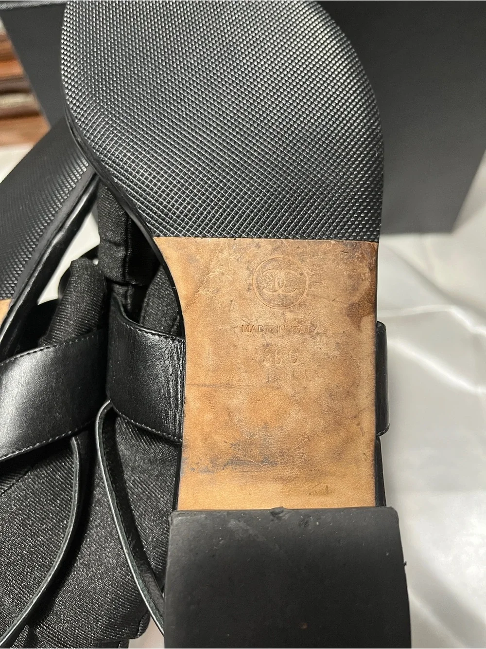 CHANEL Black Leather Thong Sandals with CC Medallion